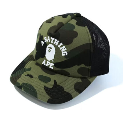 BAPE 1st Camo College Mesh Cap - Green, featuring BAPE's signature 1st Camo pattern and College logo. Elevate your style with this unique and iconic accessory.