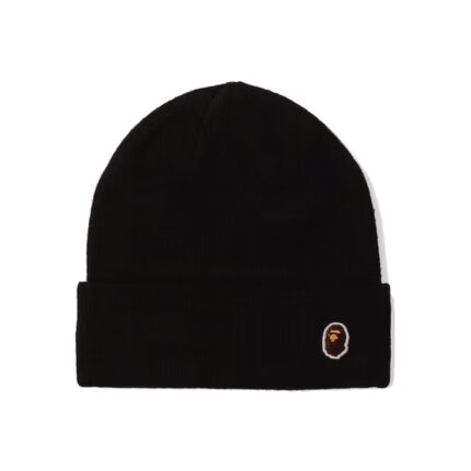 BAPE Ape Head One Point Knit Cap (FW21) - Black, featuring the iconic Ape Head logo as a stylish focal point. Elevate your winter look with this versatile and timeless knit cap."