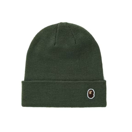 BAPE Ape Head One Point Knit Cap (FW21) - Olive, showcasing the iconic Ape Head logo as a stylish focal point. Elevate your winter style with this classic knit cap.