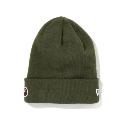 BAPE Ape Head One Point New Era Knit Beanie - Olive, making a statement in your streetwear collection.