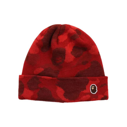 BAPE Color Camo Knit Cap - Red, Stay warm in style with this vibrant and trendy knit cap that adds a pop of colour to your winter wardrobe.