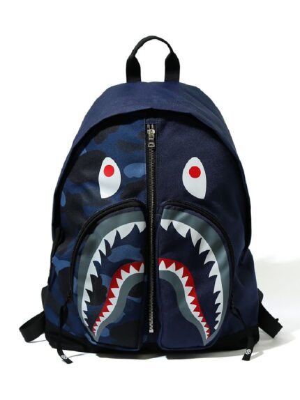 BAPE Color Camo Shark Day Pack (FW20) - Navy, featuring the iconic Shark design and vibrant colour camouflage for a stylish urban statement.