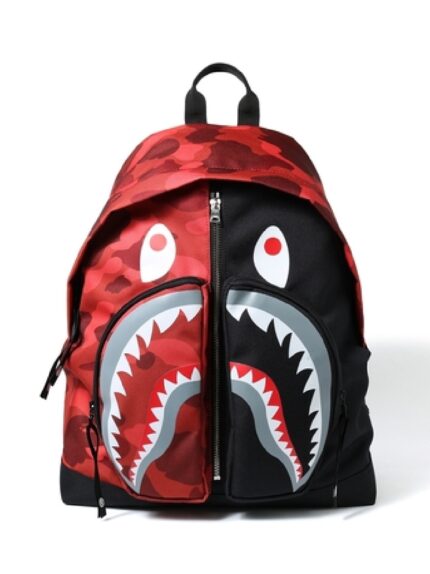 BAPE Color Camo Shark Day Pack - Red, featuring the iconic Shark design with vibrant color camouflage pattern for a bold urban statement