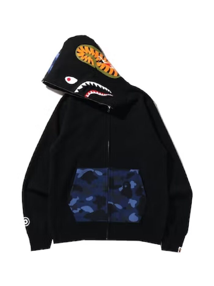 BAPE Color Camo Shark Full Zip Hoodie (SS22) - Black, streetwear sophistication with the iconic color camo shark motif.