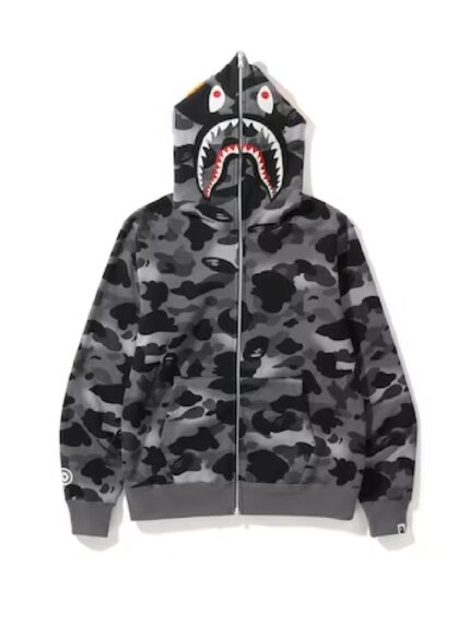 BAPE Grid Camo Shark Full Zip Hoodie - Black, streetwear sophistication with the iconic grid camo shark motif, making a bold statement wherever you go.