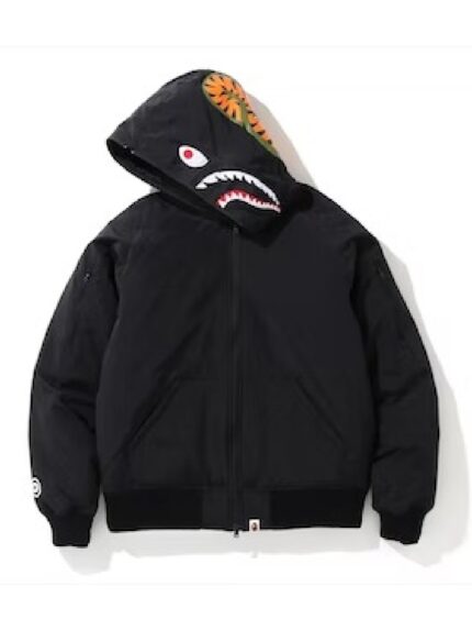BAPE Shark Hoodie Down Jacket - Black, iconic shark motif, making a bold statement in cold weather fashion.