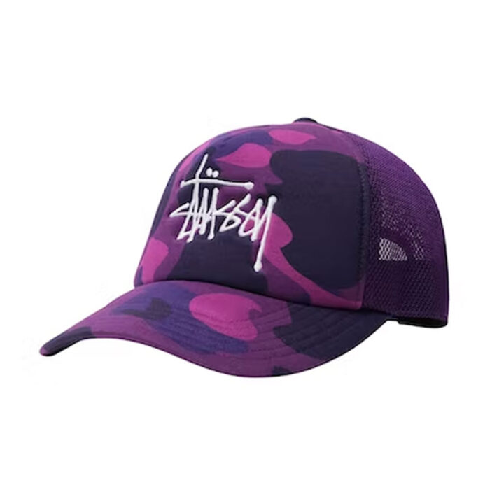 BAPE x Stussy Trucker Cap - Purple, Featuring iconic logos from both BAPE and Stussy, this purple trucker cap is a statement of unique style and urban sophistication.